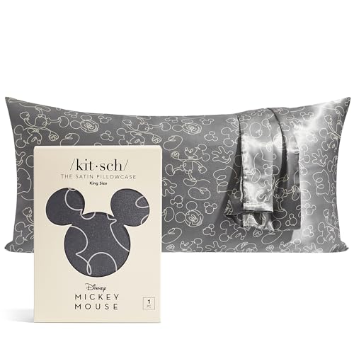 Kitsch x Disney Mickey Mouse Satin Pillowcase with Zipper Softer Than Silk, Cooling Pillow Case for Hair & Skin, Wrinkle-Free, Machine Washable, King Size (19x36)