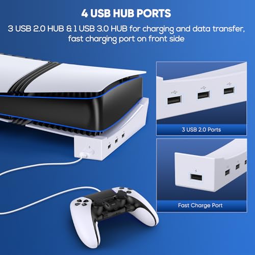 Image of FASTSNAIL Horizontal Stand & Cooling Fan for PS5 Pro /Slim Console - White | Cooling Stand with Auto 3 Fans Speed by Temperature, Controller Charging Station, USB Hub 4 Port for PS5 Slim /Pro Accessories
