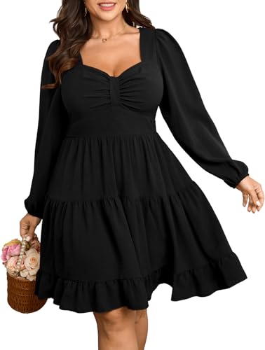 SCOMCHIC Women's Plus Size Dresses Cocktail Long Sleeve Sweetheart Neckline A Line Boho Cute Flowy Fall Mini Short Dress