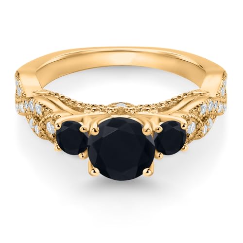 Gem Stone King 18K Yellow Gold Plated Silver Black Onyx and White Moissanite Engagement Ring For Women (1.27 Cttw, Gemstone December Birthstone, Round 6MM and 3MM)2