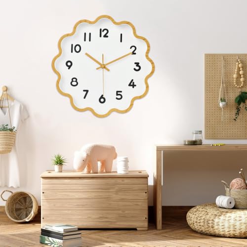 Image of HZDHCLH Wall Clocks Battery Operated 12 Inch Cloud Shaped Wall Clock Silent Non Ticking Modern Decorative Clock with 3D Numbers for Bedroom Living Room Nursery Classroom Yellow Wood Grain