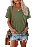ATHMILE Womens T Shirts 2025 Short Sleeve V-Neck Shirts Cute Fit Summer Casual Tee Tops S-XXL Army Green Beach