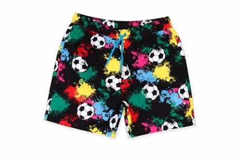 Image of GladRags Boys Football Swim Shorts – Black Football Print Swimming Trunks with Drawstring Waist, Kids Swimwear Age 9-10 Years