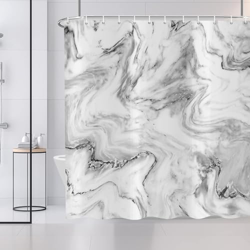 Cortina de ducha efecto mármol 180x200 cm, Moderno Lujo Ligero Gris Blanco Negro con 12 Ganchos