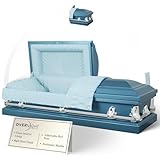 Overnight Caskets Spartan Collection Funeral Casket Blue with Light Blue Interior - 20 Gauge Steel - Fully Appointed Adult Casket - Coffin Featuring a Crepe Interior Lining with Pillow and Throw Set