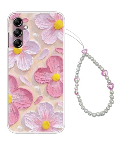 Image of COBERTA Printed Back Cover for Samsung Galaxy A14 Back Cover Case with Phone Charm Chain Strap Beads & Pearls for Girls Stylish - Beach Pink Floral Charms - D16689