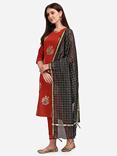 Image of VredeVogel Cotton Silk Blend Straight Embroidery Kurta Pant and Dupatta Set for Women