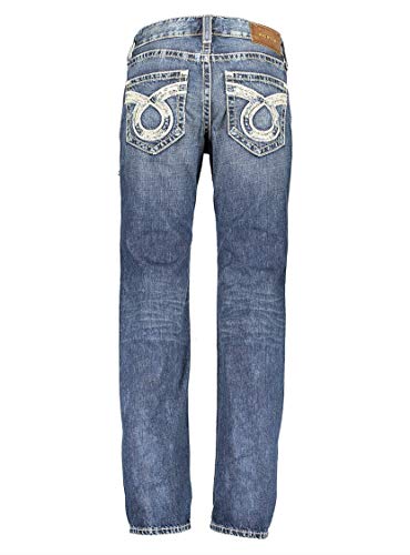 Big Star Men's Vintage Mid Rise Union Straight Leg Omega Embroidered Ripped Distressed Jeans (38R) Blue