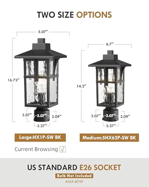 Outdoor Post Lights, HWH Large Lamp Post Light Fixtures, Exterior Pillar Lantern with Water Ripple Glass, Outdoor Pole Lamp for Column Pathway, Matte Black Finish, HX1P-SW BK (Large)