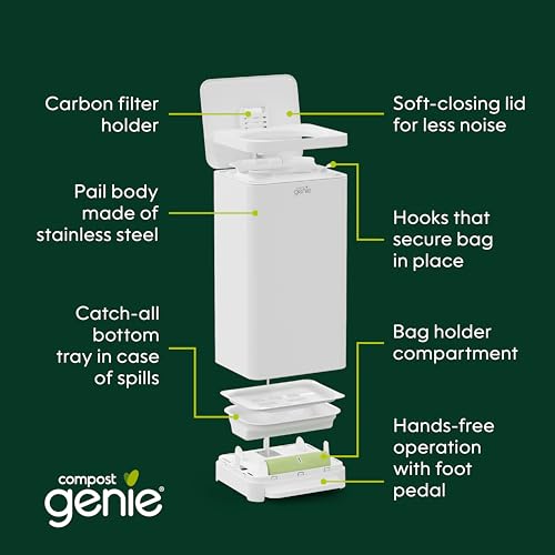 Image of Compost Genie Kitchen Compost Bin, White Stainless-Steel Large, 3.6 Gallon, Indoor Odorless Composting, Hands-Free, Washable Parts, Includes 8 Tear-Off Compostable Bags and 4 Carbon Filters