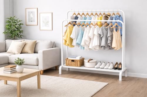 Image of Raawan Heavy Duty Double Rod Clothes Rack with Side Storage Shelves | Metal Garment Stand Organizer | Space Saving Cloth Hanger Stand for Bedroom, Living Room & PG (2 LAYER WHITE)