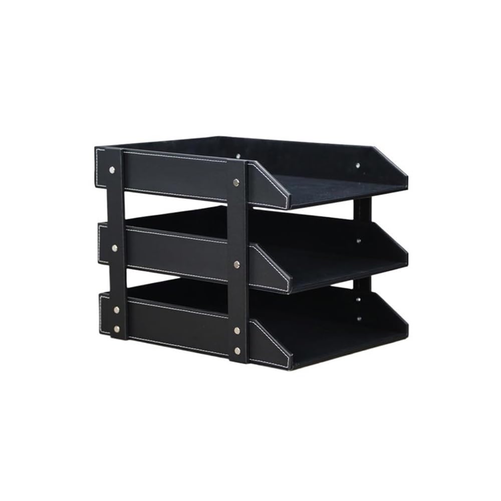 J9V4G6S3B5 Desktop File Rack Leather Desk File Organizer, 3-Layer Stackable Tray, Used to Store documents folders Stationery(Black)
