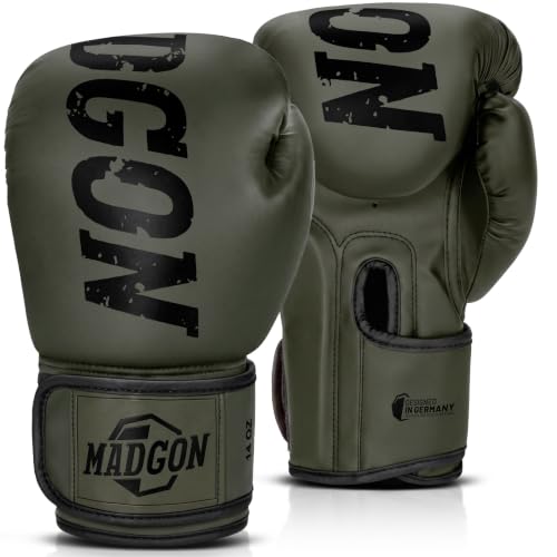 MADGON Gants de Boxe en Matériau de la Meilleure Qualité pour Une Durée de Vie Exceptionnelle - Gants MMA, pour Les Arts Martiaux, Le Sparring avec Une Absorption Optimale des Chocs, Sacoche Incluse