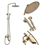 Votamuta Gold Finish Bathroom 10' Rainfall Shower Head Faucet Set Wall Mounted Single Handle Adjustable Height Shower Mixer Tap with Hand Sprayer
