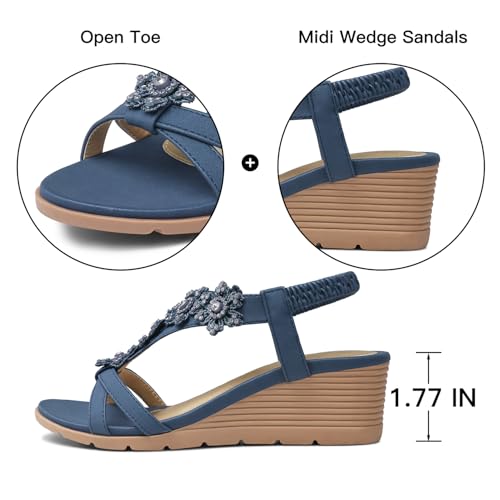 TEMOFON Women's Low Wedge Heels Summer Dressy Platform Sandals Elastic Ankle Strap Open Toe Flower Shoes Blue Size 8