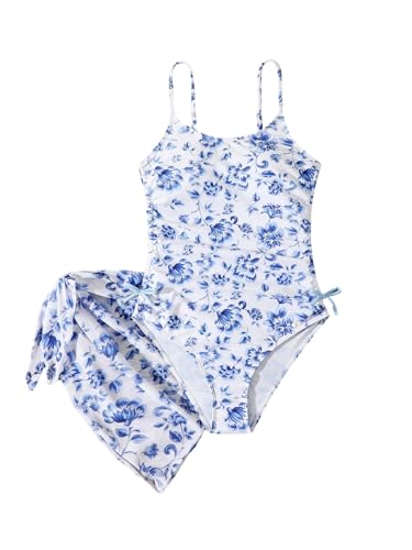SHENHE Girl's Floral One Piece Swimsuit with Sarong Coverups Ruched Tummy Control Bathing Suit