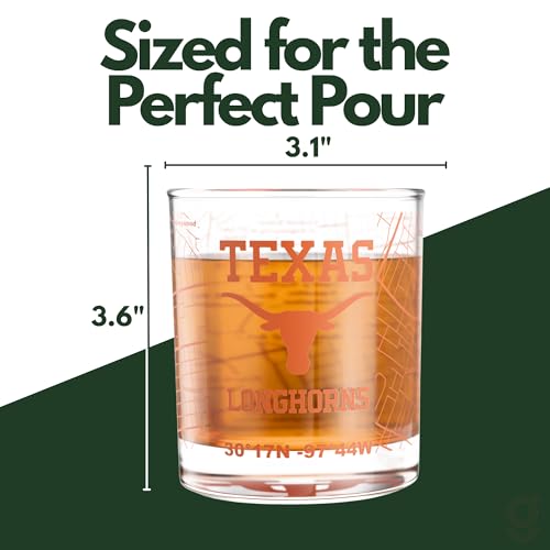 Image of Greenline Goods University of Texas Longhorns Whiskey Glasses Set of 2, 10 oz Rocks Glasses with Full-Color Logo & Campus Map - Officially Licensed Bourbon Glass Gift for Alumni & Fans