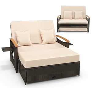 COSTWAY 3-in-1 polyrotan zonnestoel, tuinligstoel met verstelbare rugleuning en uitklapbaar zijplateau, loungebed, dubbel bed met kussen, tuinbank met kruk voor tuin, terras (beige)