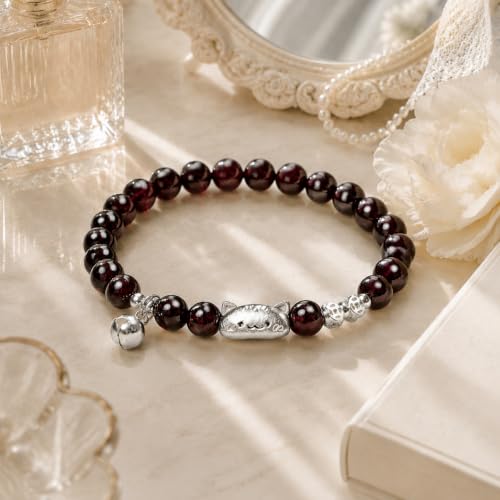 Moslovstar 6mm Garnet Cat Charm Bracelet for Women, 6.5'' Natural Stone Beaded Bracelet, Lucky Wealth Crystal Gift Jewelry by Moslovstar - Used condition - Image 2