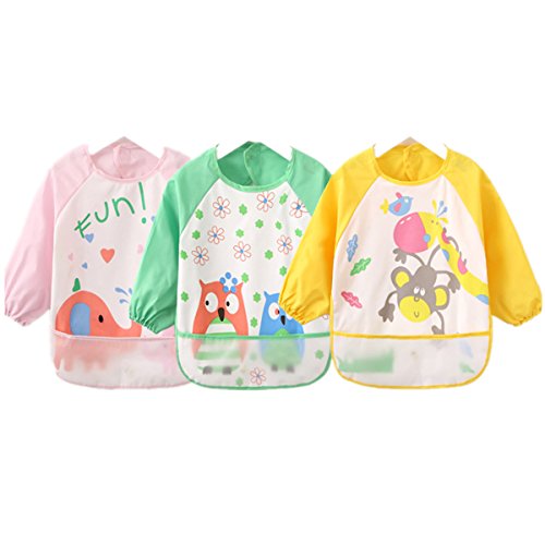 HaimoBurg Pack de 3 Baberos Impermeable PEVA de Manga Larga Para Bebé Niños Niñas 6 a meses