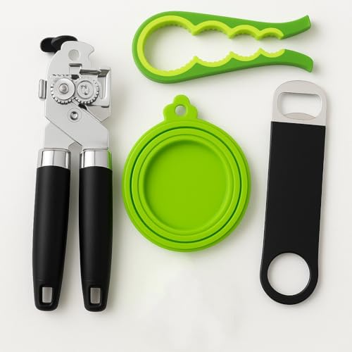 NAKOSITE Abrelatas [juego 4 en 1] incluye abridor de botellas + abrebotellas + tapa de silicona | Mango ergonómico | Máxima seguridad para personas mayores y todos