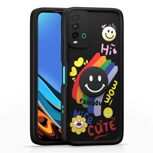Image of Pikkme Back Cover for Redmi 9 Power /Poco M3 | Soft Silicone| Cute Rainbow Smile & 3D Cartoon Flower Design | Shockproof Raised Camera Protection Bumper Case (Black)