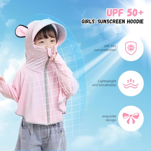 Image of PALAY Sunscreen Jacket for Girls, UPF 50+ Sun Protection Hoodie Jacket for Girl Kid Long Sleeve Wide Brim Hat Summer Coat with Face Mask for Hiking Outdoor 110-130cm Girl