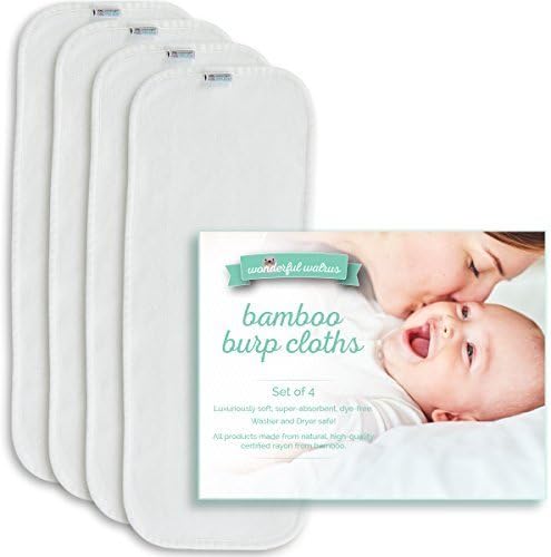 Wonderful Walrus Bamboo Burp Cloths - Set of 4. Magically Absorbent and Super Soft for Baby. Large, Dye-Free, Natural White