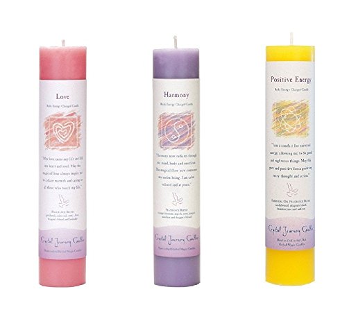 Crystal Journey Attract Love Reiki Charged Herbal Magic Pillar Candle with Inspirational Labels - Bundle of 3(Love, Harmony, Positive Energy) Each 7