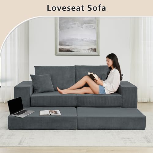 Image of L Shaped Boneless Couch Modular Sectional Sofa, Modern Cozy Corduroy Cloud Couch Loveseat with Ottoman, Memory Foam Convertible Sectional Sleeper Sofas for Living Room, Grey