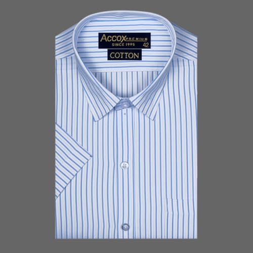 Image of ACCOX Premium Breathable Cotton Half Sleeves Striped Checkered Blue Formal Regular Fit Shirt for Men (S GCR06)