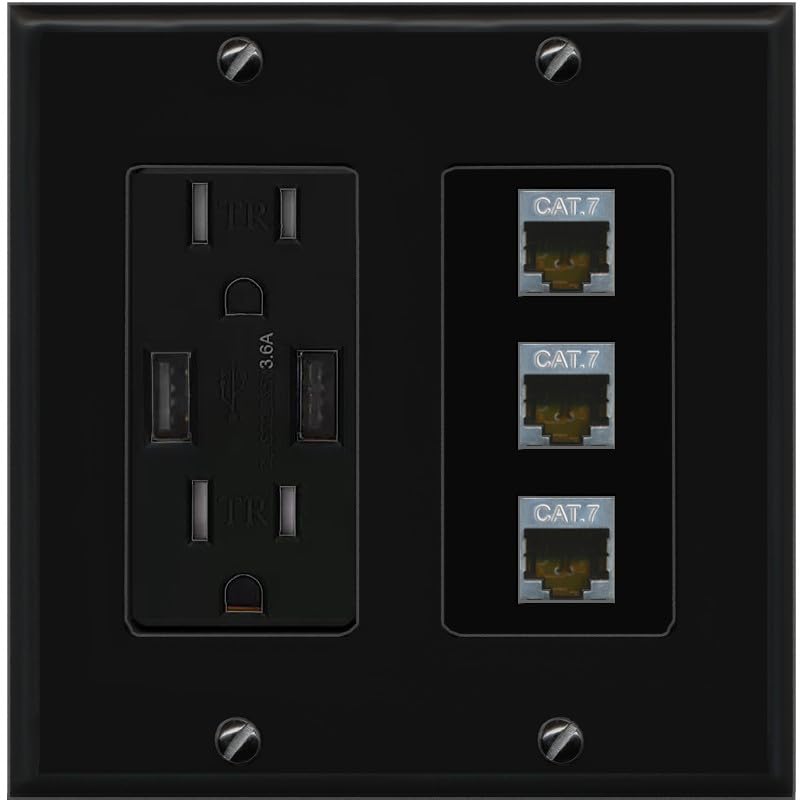 RiteAV 3 Port Cat7 Shielded Ethernet Wall Plate - USB Outlet [Black/Black]