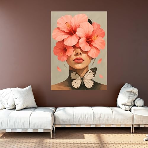 Décoration féminine portrait mural et affiche papillon sur toile d'hibiscus corail - 4