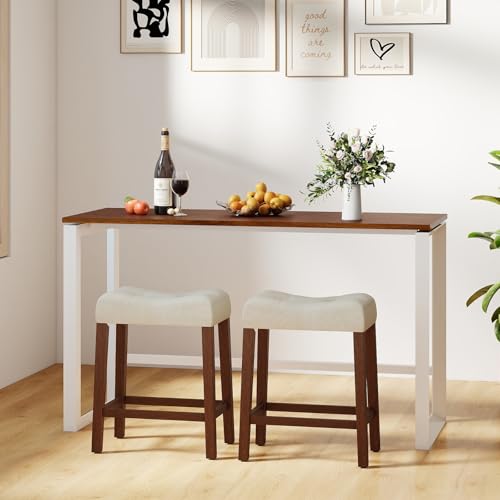 Image of Giantex 24 inch Bar Stools Set of 2, Upholstered Counter Height Saddle Bar Stools with Footrest and Wood Legs, Farmhouse Button Tufted Backless Barstools for Kitchen Island, Dining Room, Cafe, Beige+Brown