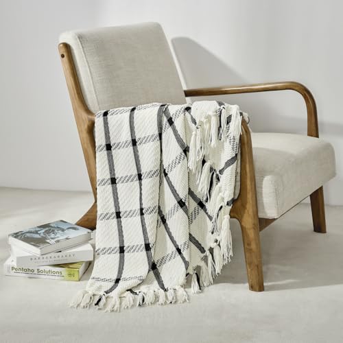 Image of CREVENT 50 inchX60 inch Farmhouse Breathable Soft and Warm Chenille Plaid Throw Blanket for Sofa Couch Bed, Home Decoration Throw with Tassles (Black & White)