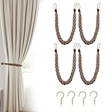 Uxney Brown Curtain Tiebacks, 4 Pack Hand Braided Rope Curtain Holdbacks with Metal Hooks – Heavy Duty Brown Tie Backs for Drapes, Window Treatment Decorative Holdbacks for Living Room