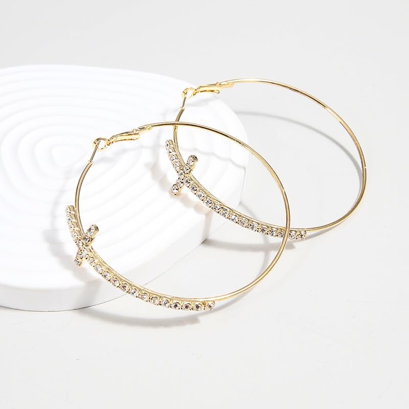 Large Cross Hoop Earrings Trendy Rhinestone Sparkly Hoop Earrings Extra Big Hoops Earrings Exaggerated Prom Wedding Party Earrings Formal Jewelry for Women - Image 3