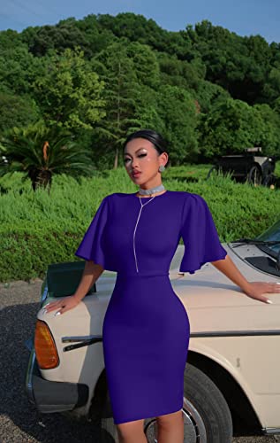 Image of Memoriesea Women's Basic Bodycon Ruffle Flared Short Sleeve Pencil Midi Dress