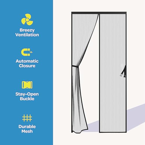 Image of KARP Mosquito Net Door Magnetic Mesh with Stay Open Feature - Auto Close Screen Curtain, Heavy Duty, Easy Installation, Kids & Pets Friendly (90 X 200, Black)