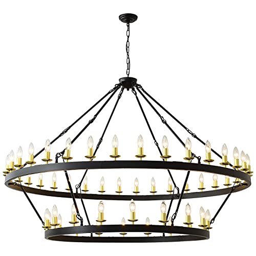 JHEANTCY Black and Gold Farmhouse Wagon Wheel Chandelier 54-Light 60" 2 Tier Extra Large for High Ceiling Light Fixture, Living Room Dining Room Foyer Hanging Pendant Lighting JHEANTCY Black and Gold Farmhouse Wagon Wheel Chandelier 54-Light 60" 2 Tier Extra Large for High Ceiling Light Fixture, Living Room Dining Room Foyer Hanging Pendant Lighting