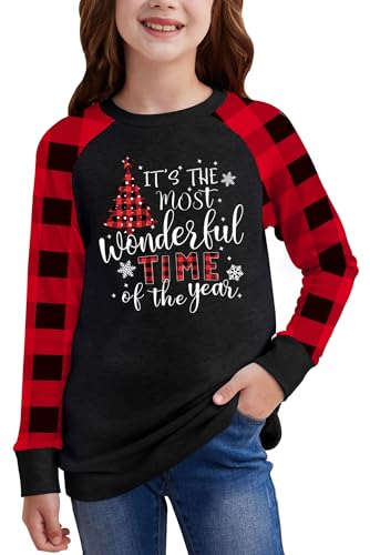 Image of BesserBay Girl's Christmas Buffalo Plaid Raglan Top Funny Holiday Graphic Shirt 4-14 Years