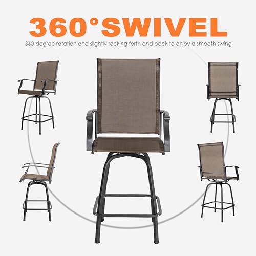 NUU GARDEN 4 PCS Outdoor Patio Swivel Bar Stools with Back, All-Weather Textilene Bar Height Patio Chairs Outside, Black&Brown - Thumbnail 4