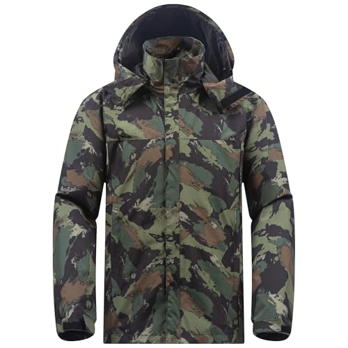 ANAYSN Herren Regen Jacke mit Kapuze wasserdicht leichte Jacke und Reißverschlusstaschen Regenmantel für Outdoor Camping Wandern (Camo, L)