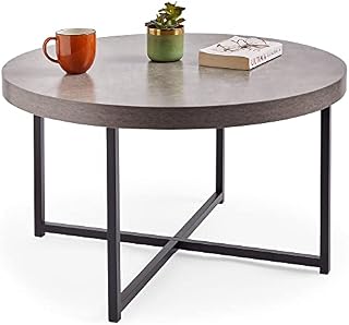 VonHaus Concrete Look Round Coffee Table Grey - 80cm Diameter  Modern Industrial Style Lightweight Metal Effect Furniture with Black Legs - Lounge, Bedroom, Hallway, Living & Dining Room - H45xD80cm