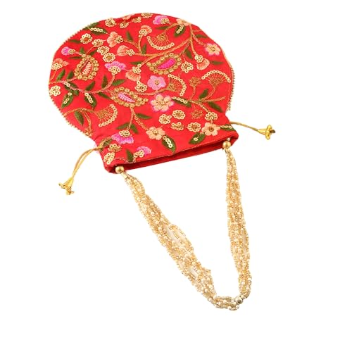 Image of Handcrafted Potli Purse with Golden Floral Embroidery and Pearl Accents