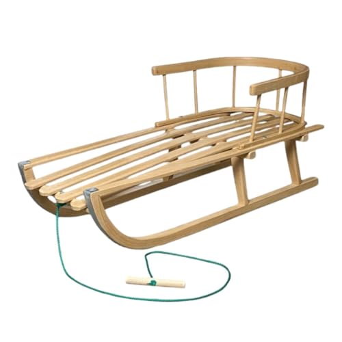 BAS Holzschlitten aus Buchenholz mit Rückenlehne & Zugseil – Klassischer Kinderschlitten mit Metallkufen -Stabiler Rodelschlitten für Kinder - Sicherer Schneeschlitten für Winterspaß