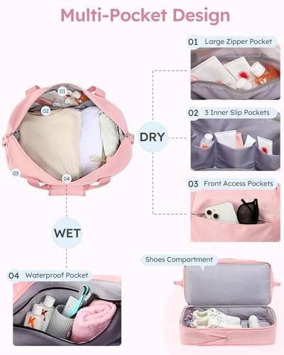 Gifts for Granddaughter, Initial Personalized Travel Duffle with Shoe Compartment, Monogram Travel Duffel with Makeup Pouches, Girls Dance Bag, Kids Weekender Overnight Bag, Pink, Letter S3