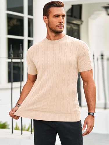 Runcati Mens Knit Short Sleeve T Shirts Casual Crewneck Slim Fit Shirt Cable Knitted Stretch Pullover Tees3