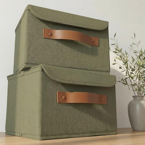 Decorative Linen Storage Boxes with Lids - Spacious Set of 2 Organizer Bins for Your Home Decor - The Perfect Small Container to Safely Store Photos Documents and Memory Box Keepsakes in Style
