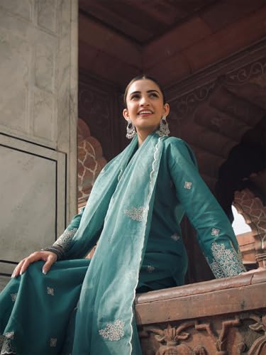 Image of Royal Export Women's Kurta Set | Viscose Silk Floral Embroidered Straight Kurta Pant Dupatta Set Kurta Sets for Women | Ladies Kurta Set